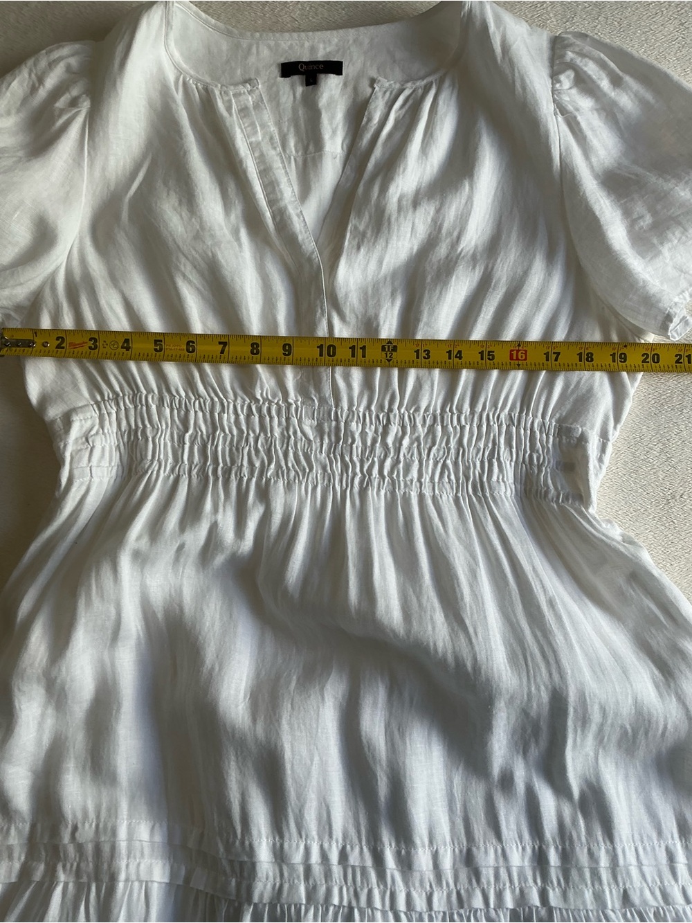 Quince White 100% Linen Smocked Tiered Midi Dress L Cottagecore Summer Boho - Picture 13 of 15